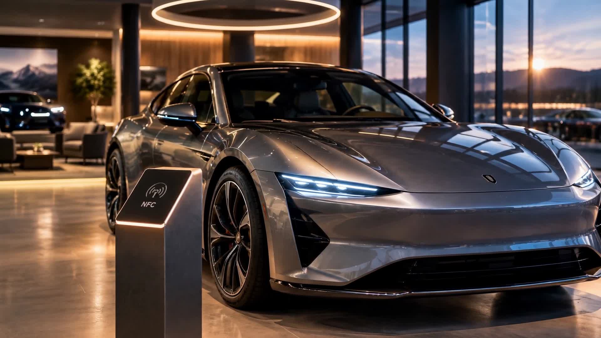 Beleuchtetes Elektro-Sportcoupé mit NFC-Ständer in einem Autohaus